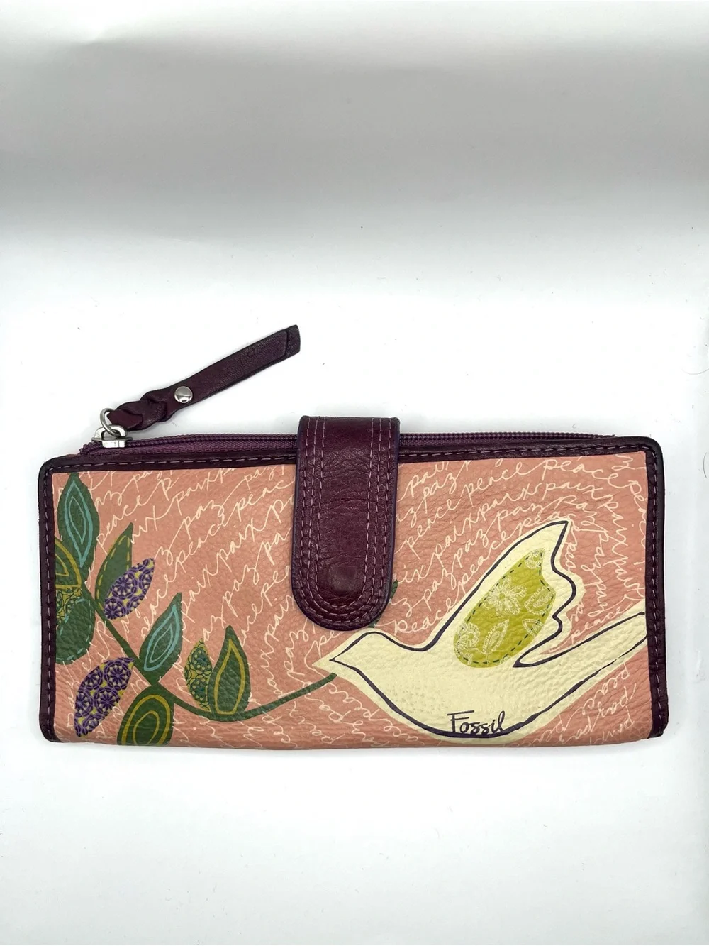 Fossil Pink Bird & Floral Leather Zip Wallet with Plum Trim
